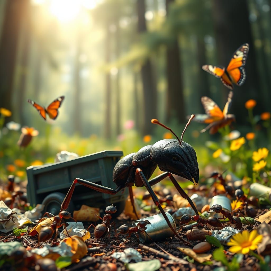 Ants Cleaning Litter in Lush Forest Scene