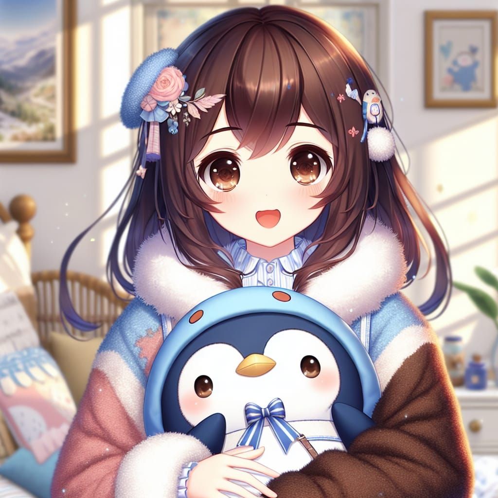 Anime Girl Cuddling Penguin Plushie in Cozy Bedroom