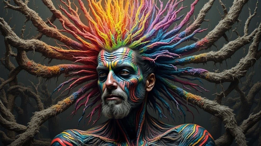 Biomechanical Android Man with Rainbow Moss in Dark Fantasy