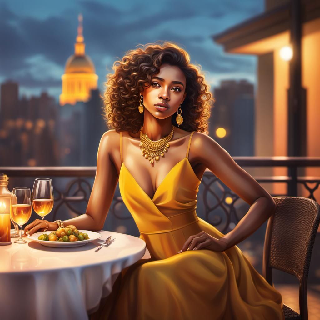 Rooftop Dinner Scene with Girl in Yellow Dress