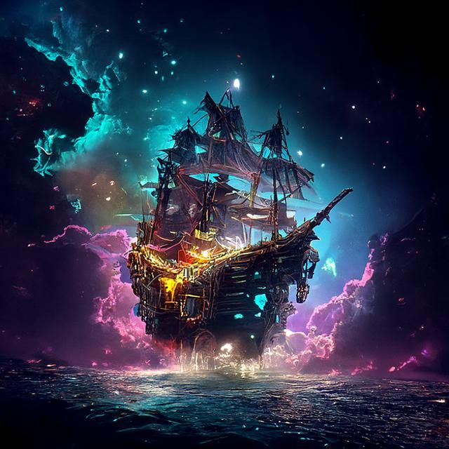 Mystical Pirate Ship on Galaxy Sea: Digital Art