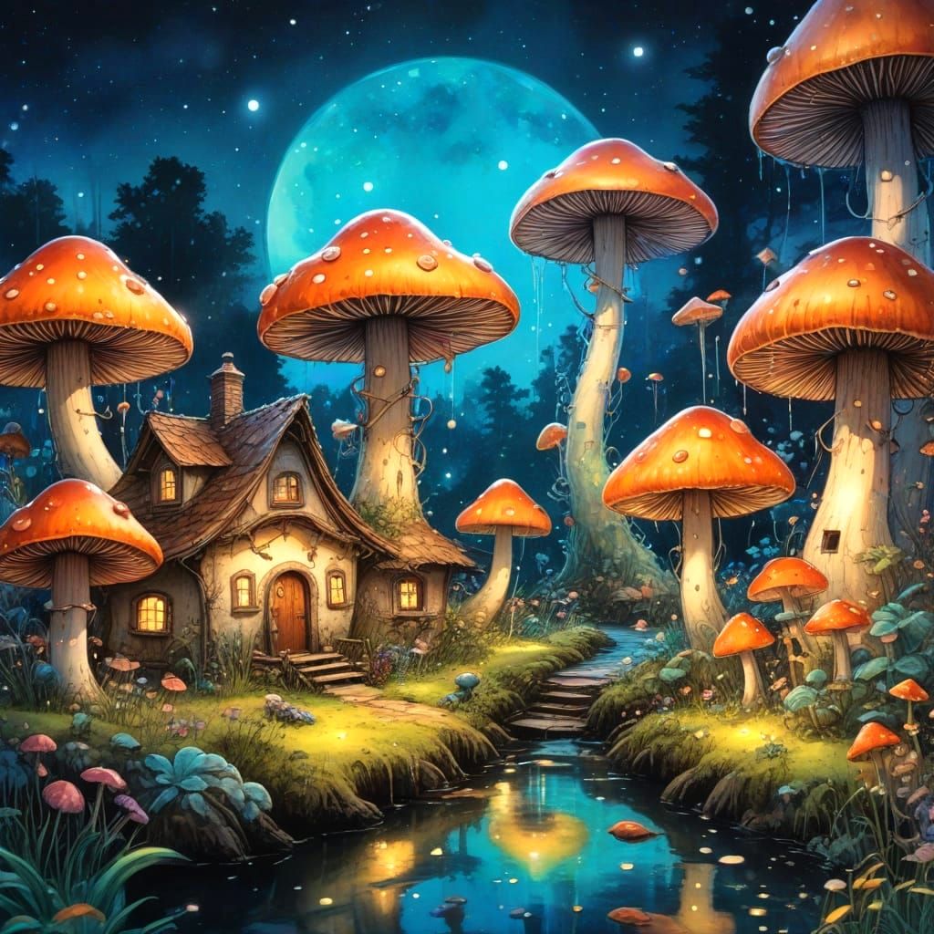 Whimsical Bioluminescent Village Under Starlight