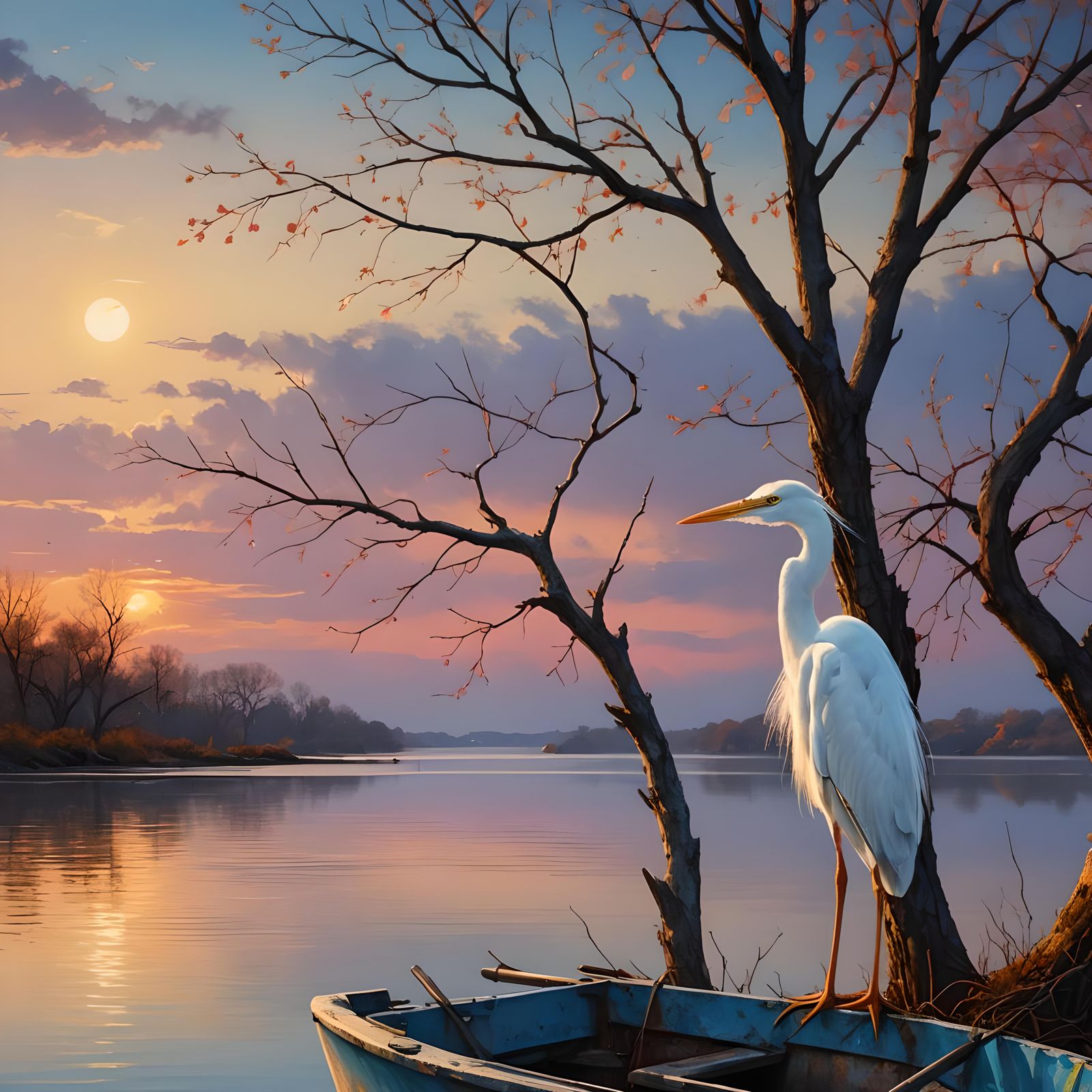 White Heron at Sunset: Hyperrealistic Detailed Landscape