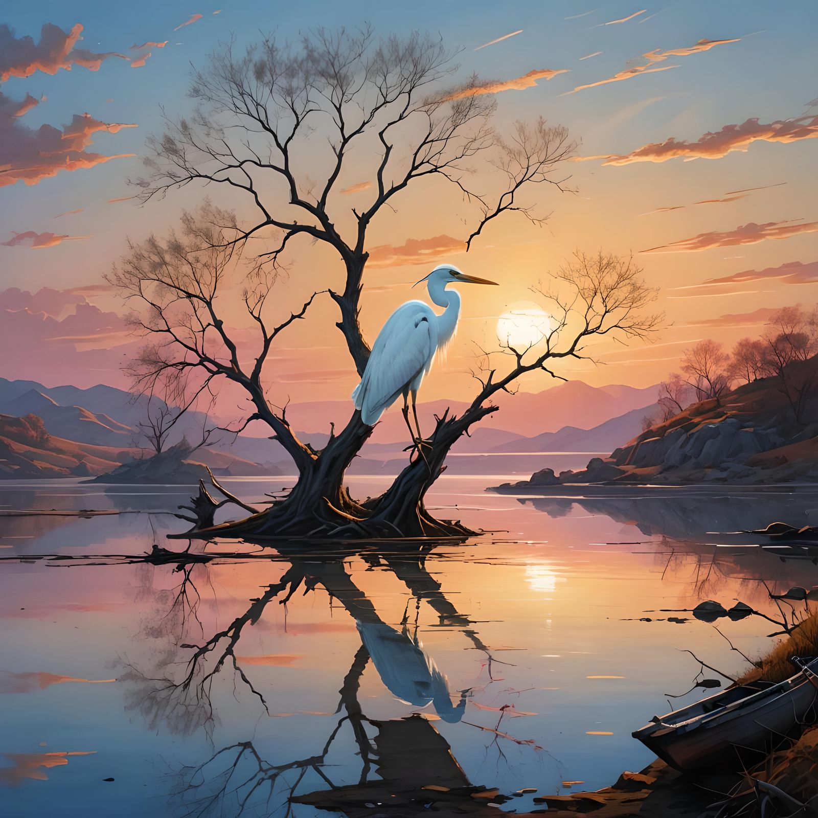 White Heron at Sunset in Serene Lagoon
