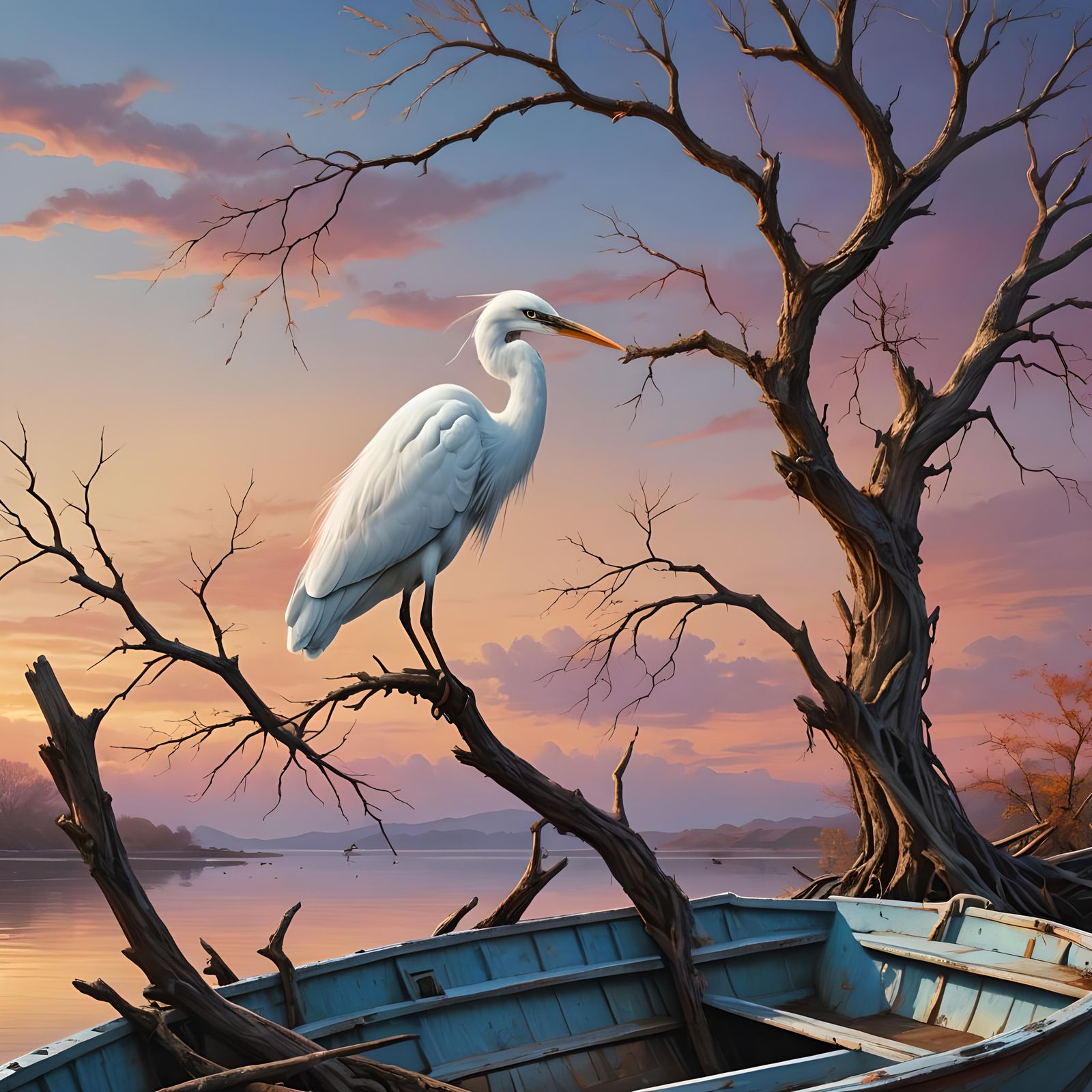 Serene Sunset: Lonely Heron on Fishing Boat