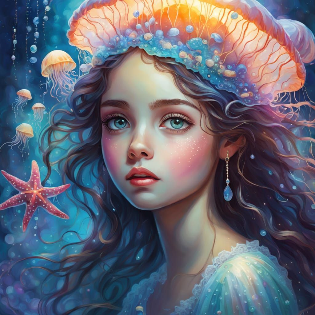 Enchanting Girl with Jellyfish in Ethereal Fantasy