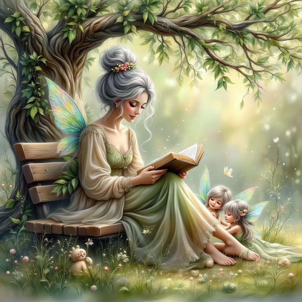 Fairy Grandmother Reads to Grandchildren Under Oak Tree