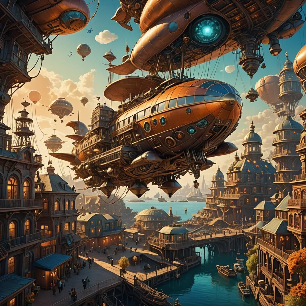 Airship Over Alien Steampunk Harbor: Digital Art