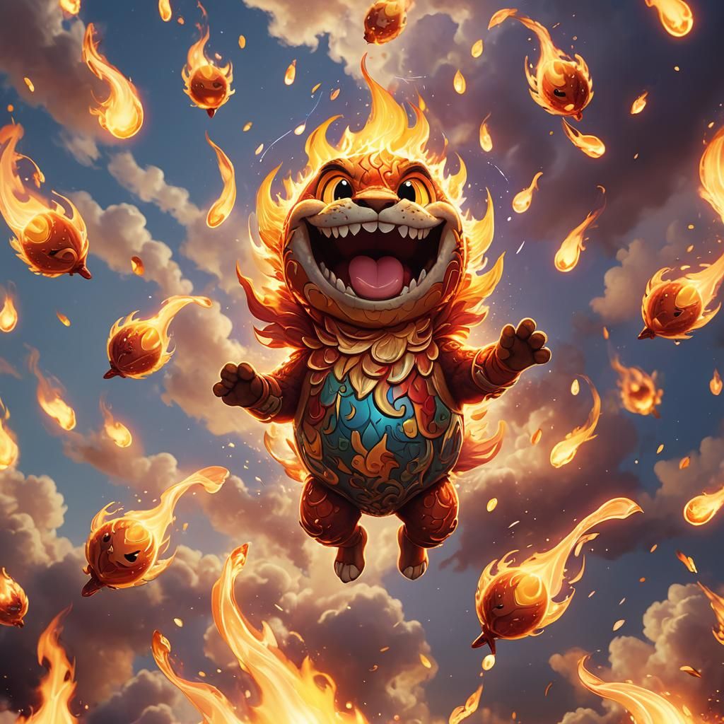 Whimsical Fireball Character with Exaggerated Expressions