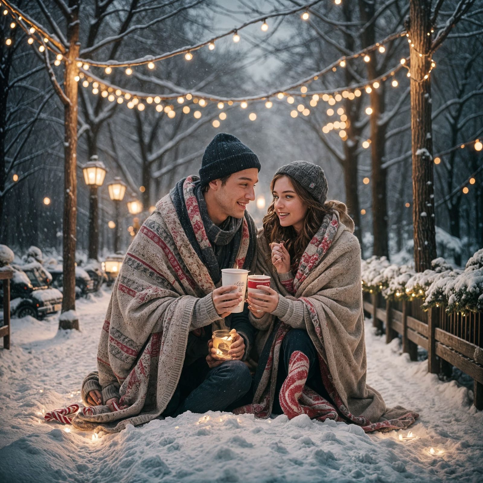 Cozy Couple Enjoying Hot Chocolate on Snowy Path