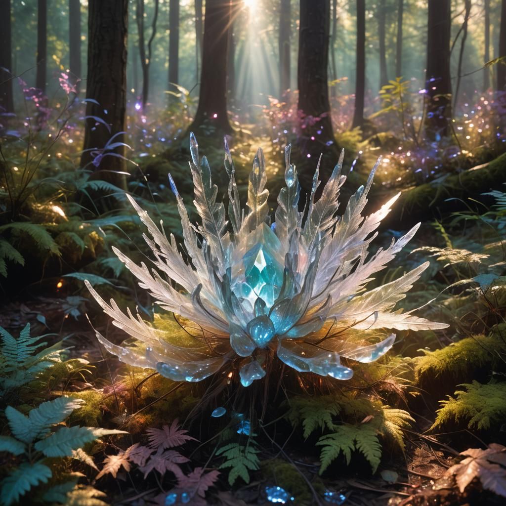 Ethereal Fantasy Scene with Glowing Crystal in Mystical Fore...