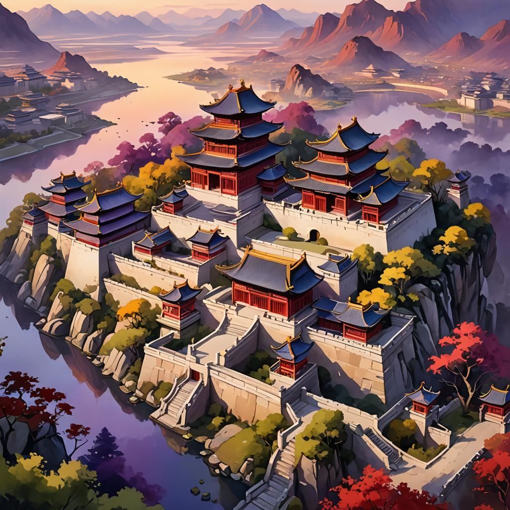Chinese Palace Sunset: Cartoon Watercolor and Oil Painting
