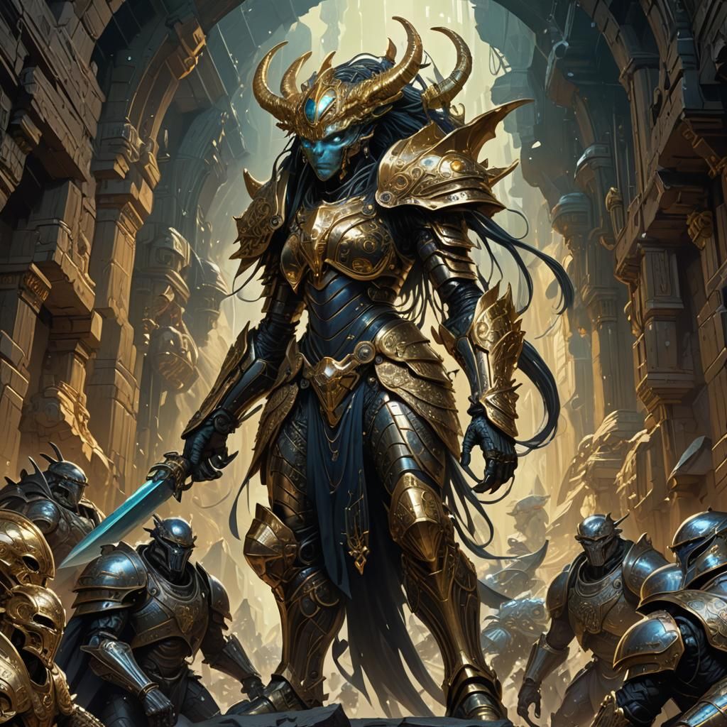 Armored Alien Queen Invades Gold Mine in Dark Fantasy Art