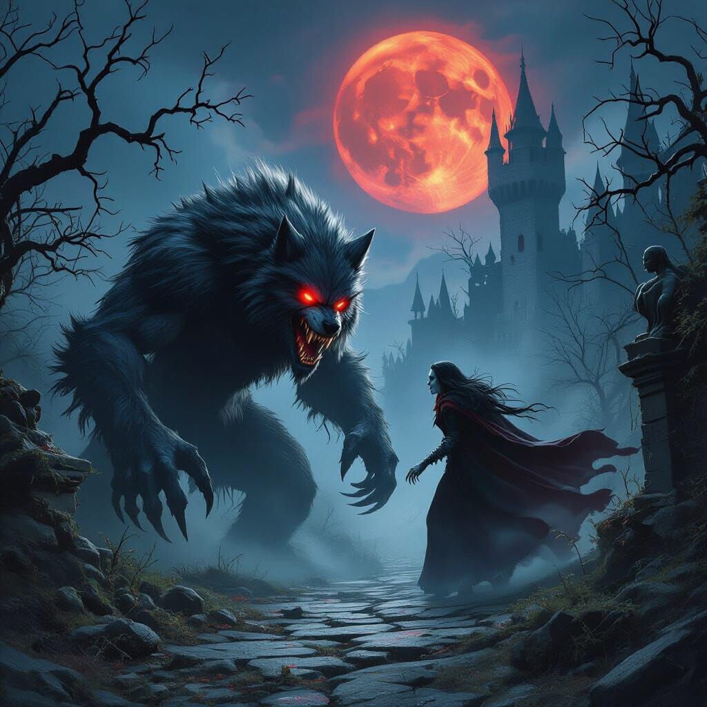 Werewolf Hunts Vampire in Gothic Castle Garden