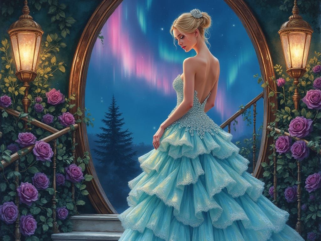 Elegant Woman in Aqua Gown Under Northern Lights