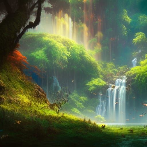 Hawaiian Waterfall Fantasy Concept Art in Vivid Colors