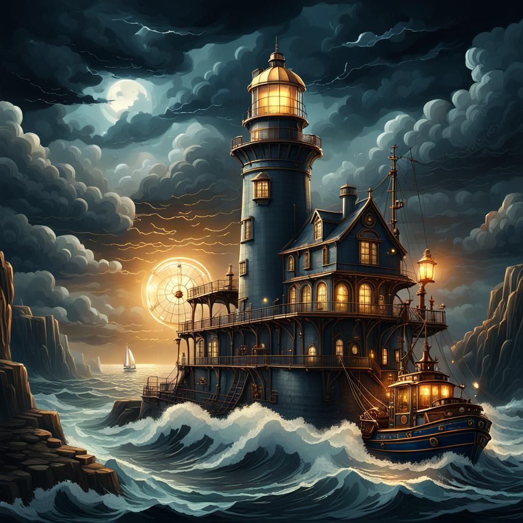 Steampunk Lighthouse on a Cliff at Night