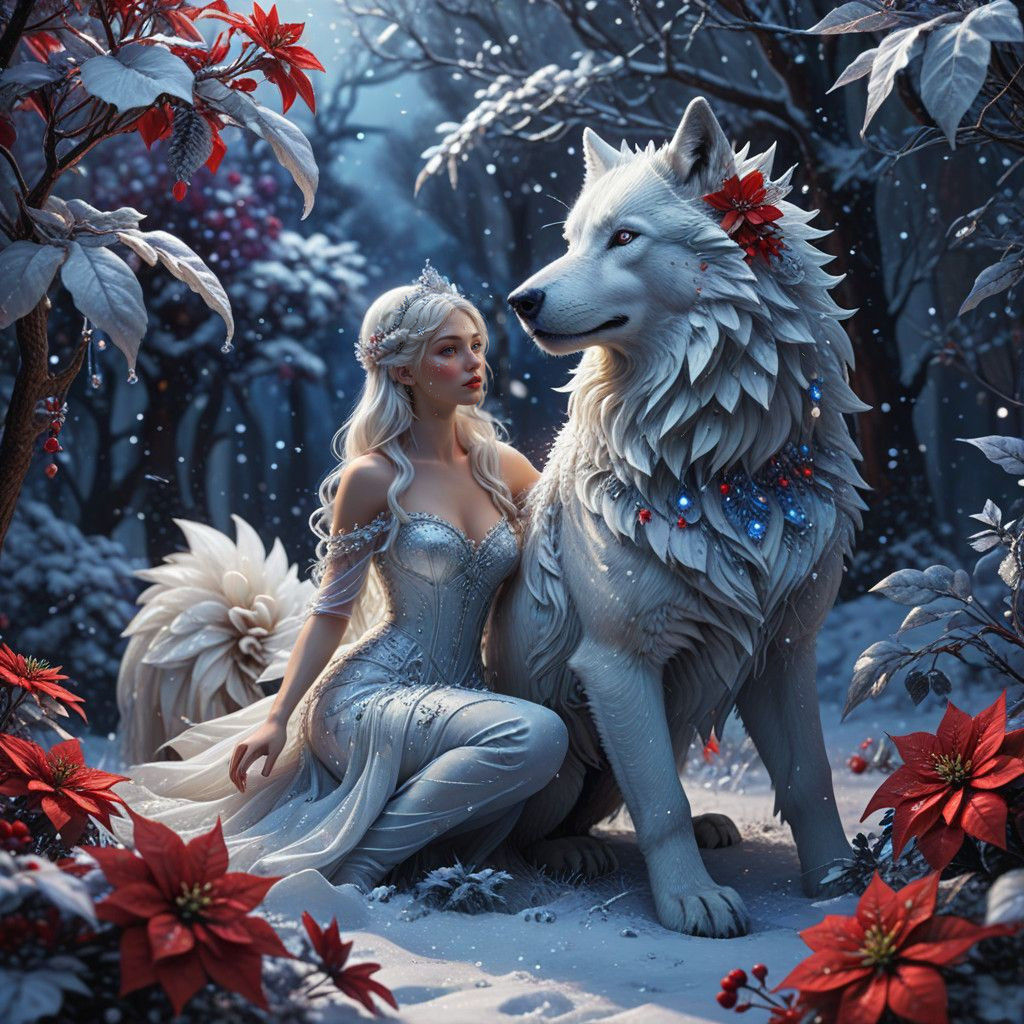 Winter Fairy Rides a Majestic White Wolf in a Snowy Night La...