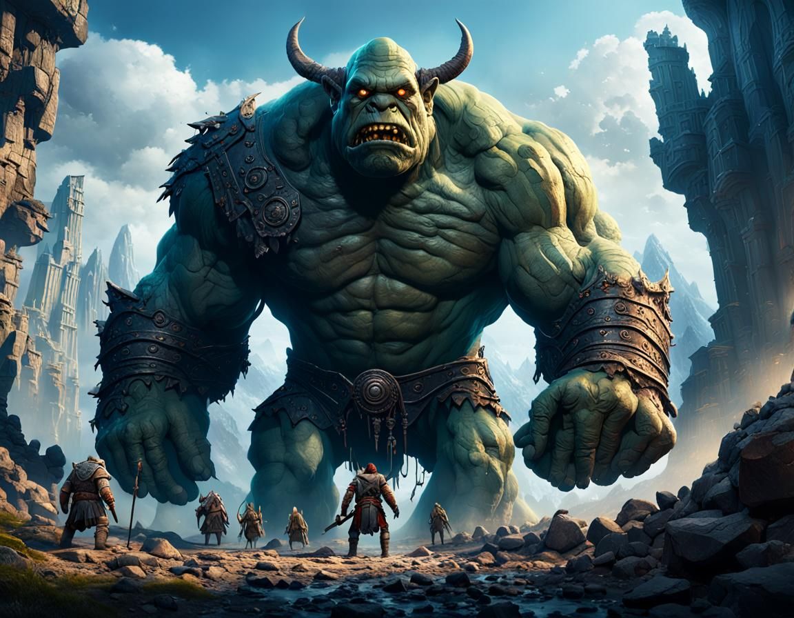 Seven Heroes Face Giant Ogre in Epic Digital Painting