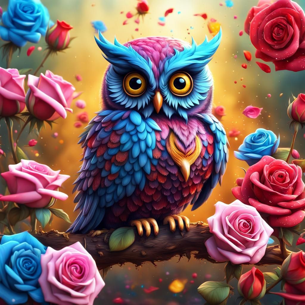 Glittering Owl and Roses with Name in 3D Render