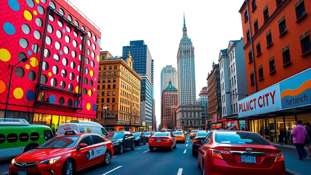 Whimsical Polka Dot Cityscape of Colorful Architecture