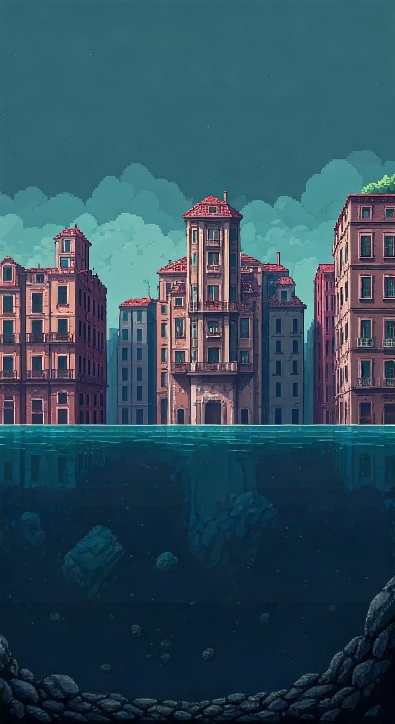 pixel art, vista frontale 2D, edifici rinascimentali inclinati e che stanno affondando in acqua, in rovina, diroccati
