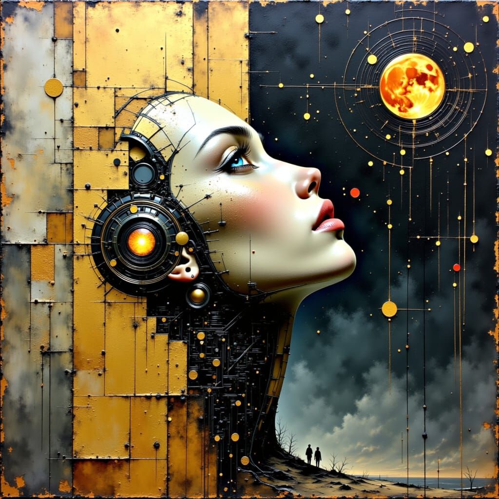 Contemplative Cyborg in Profile as Impasto Painting