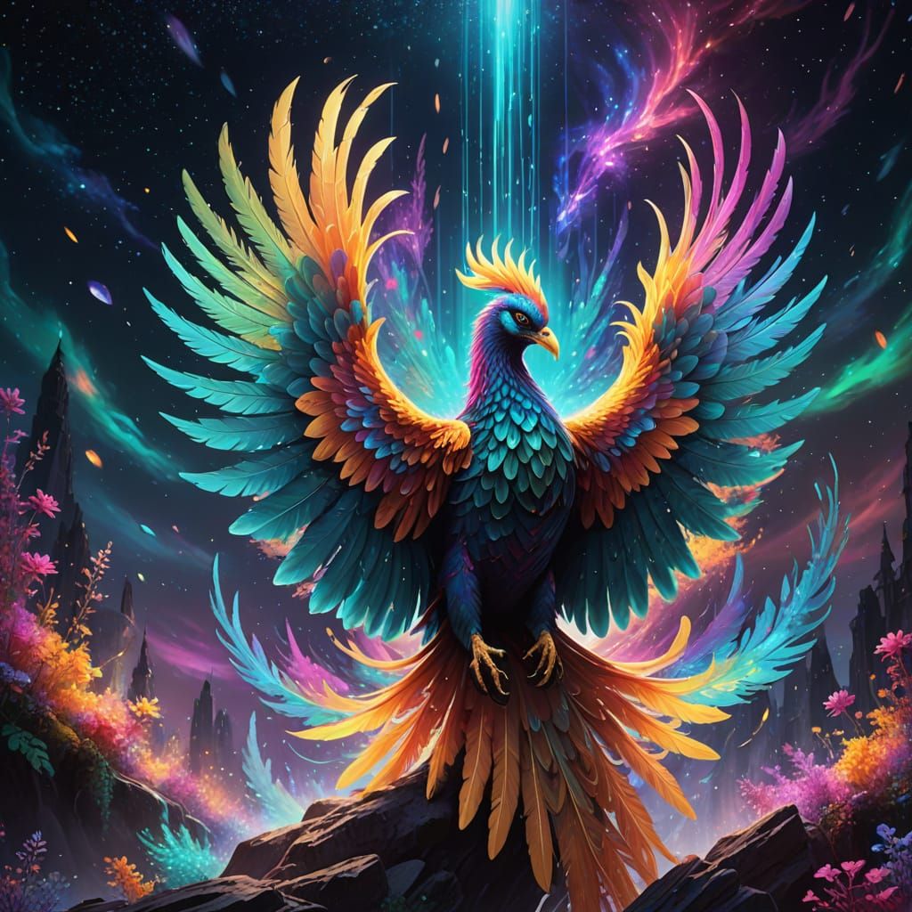 Surreal Phoenix Soars Through Cosmic Galaxy in Vibrant Digit...