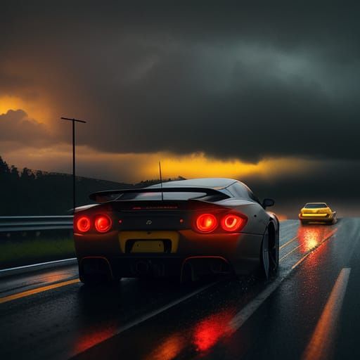High-Octane Futuristic Highway in Neon-Soaked Stormy Weather