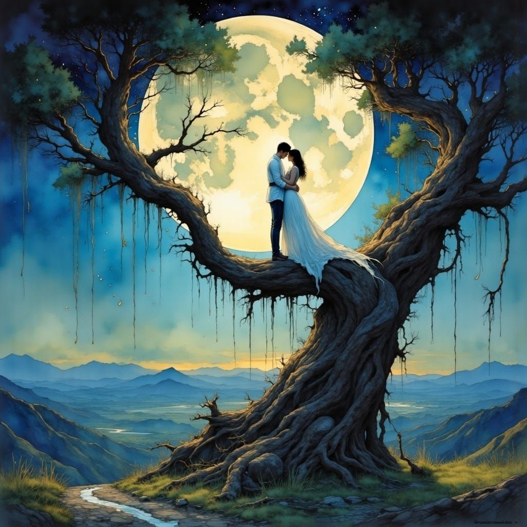 Couple Under Moonlight: A Hildebrandt-Inspired Fantasy Paint...