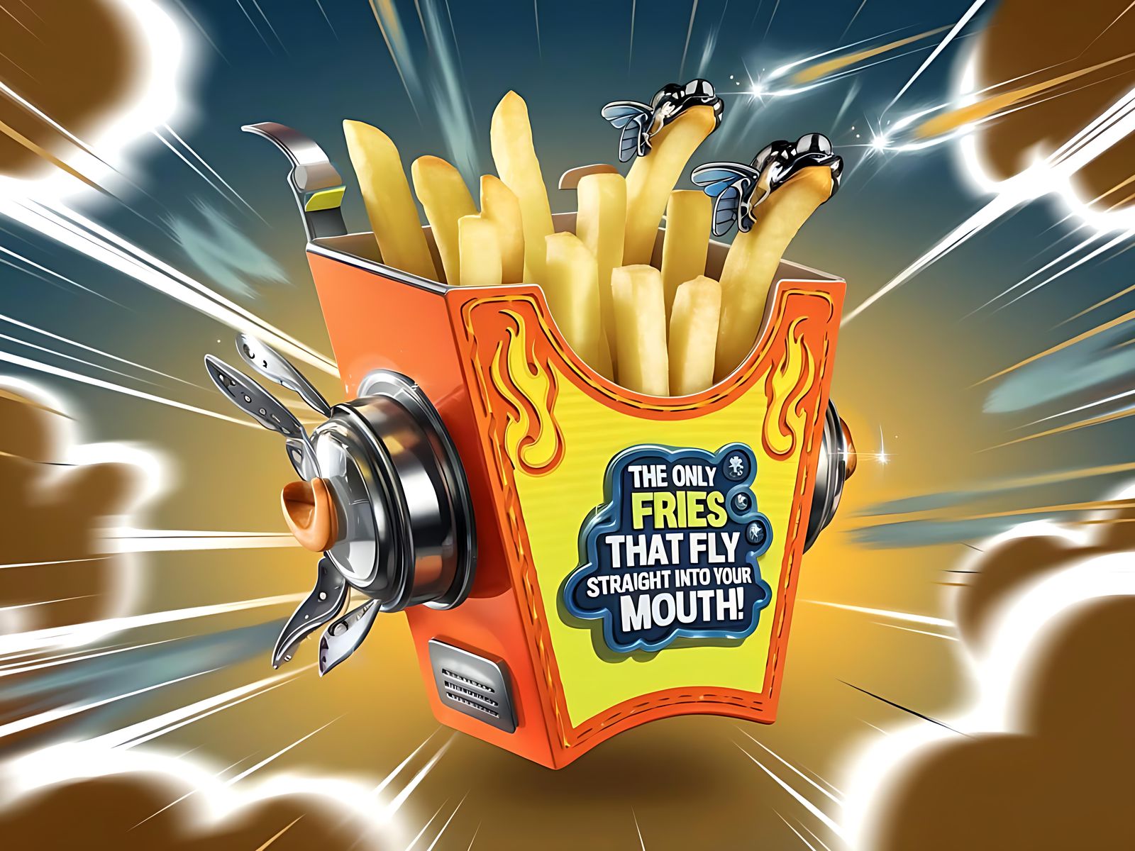Cartoon French Fries Jetpack in Surreal Style