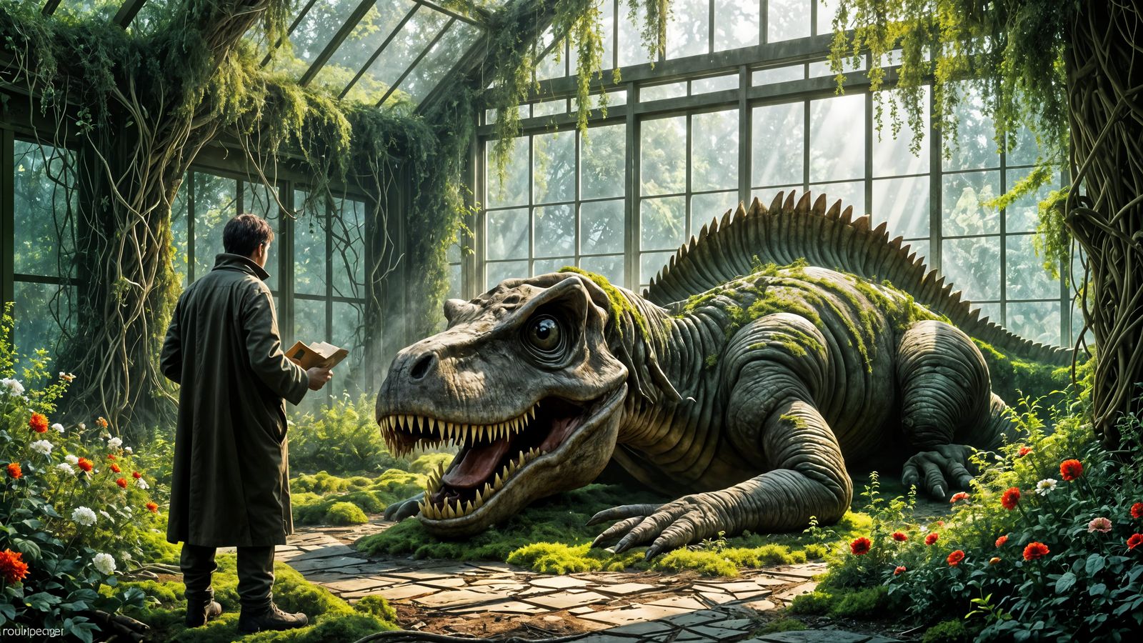 T-Rex in Overgrown Greenhouse, Painterly Realism