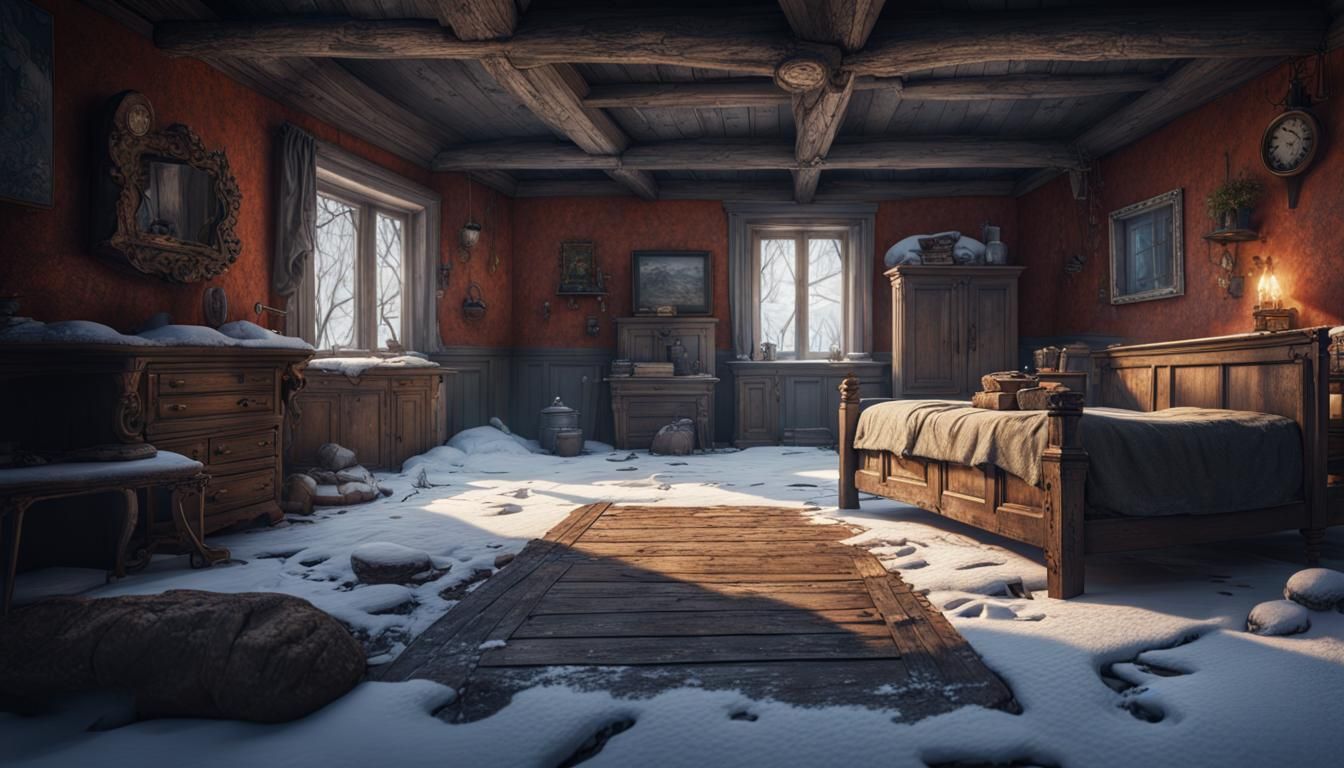 Snowy Village House Interior in Detailed Matte Painting