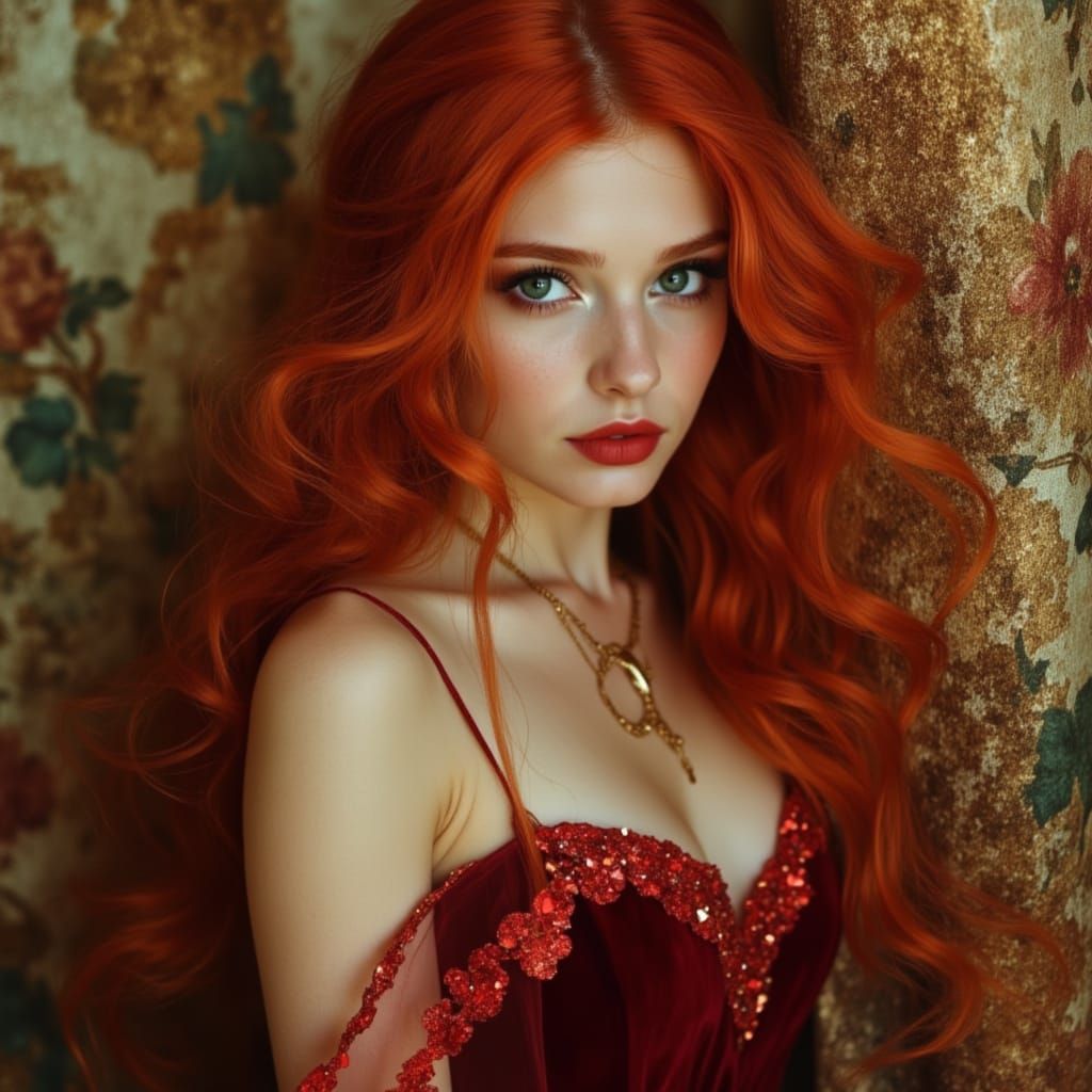 Elegant Woman with Red Hair in Art Nouveau Style