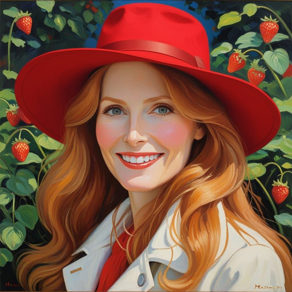 Monet-Inspired Portrait of Smiling Woman in Red Fedora