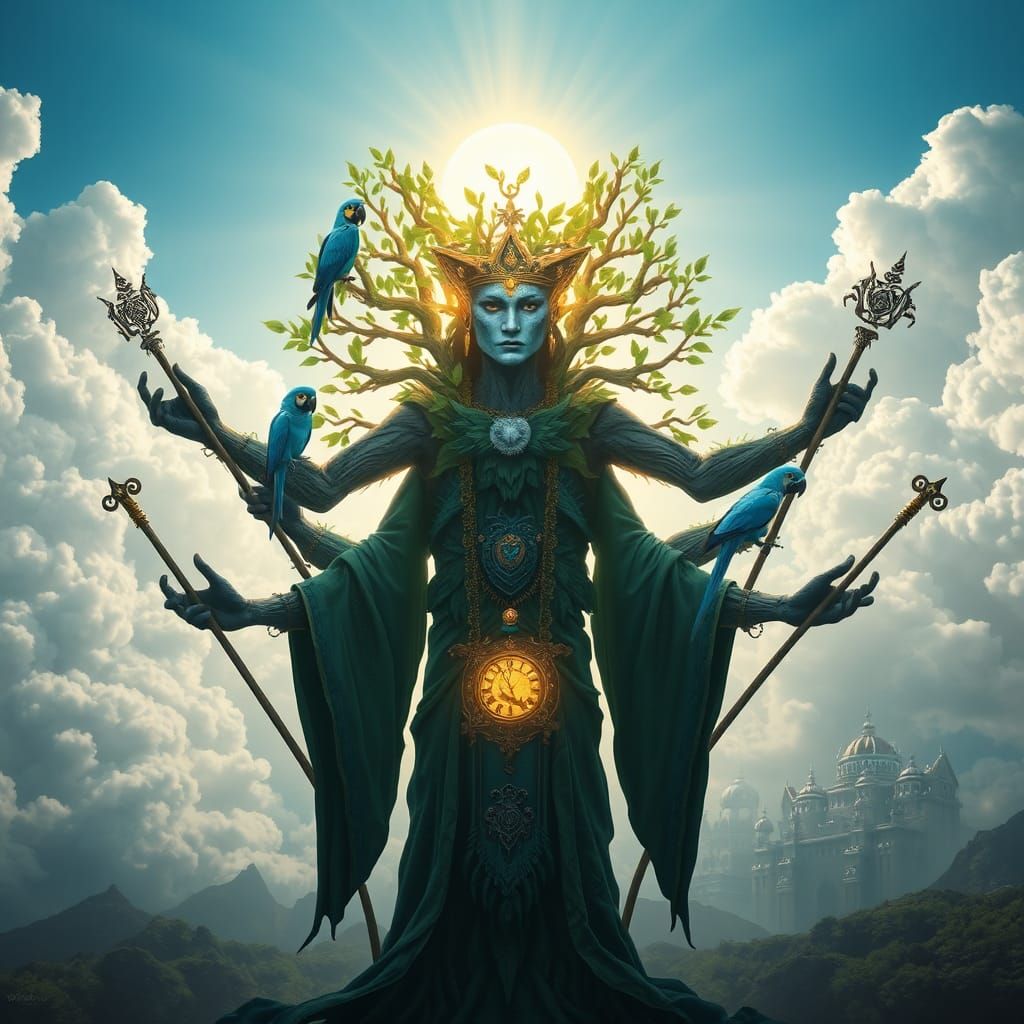 Mystical Blue Leopard Shaman in Dreamlike Celestial Scene