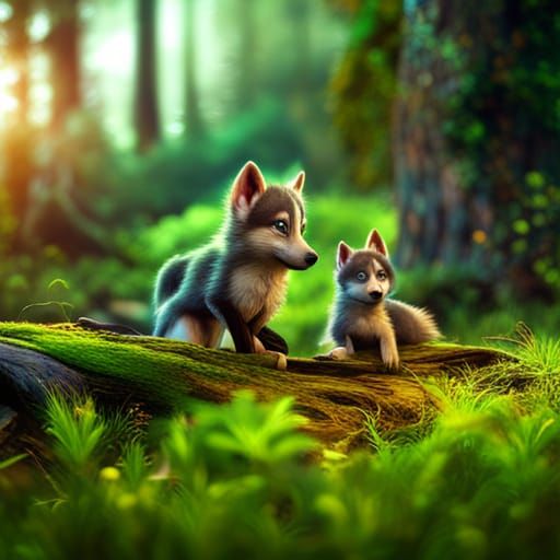 Bright Green Wolf Pups Fantasy Concept Art