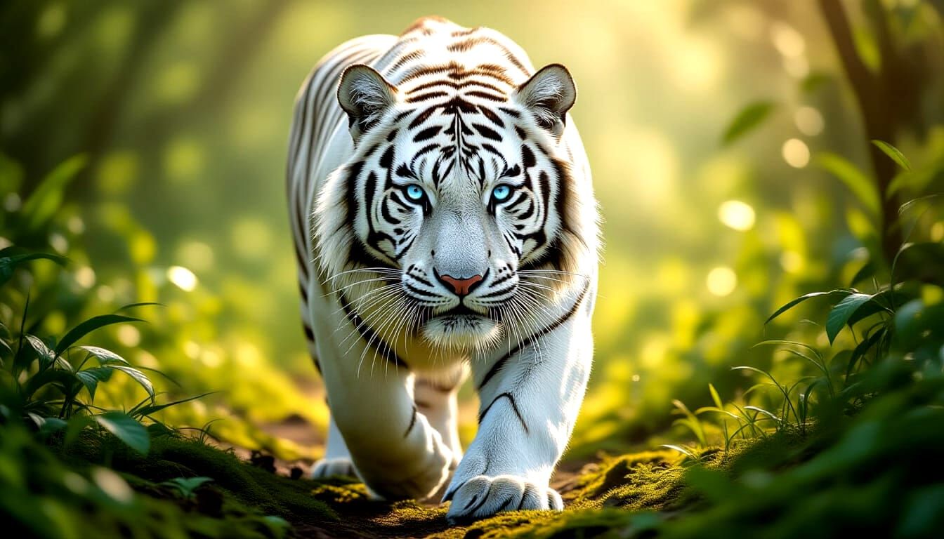 Majestic White Tiger in Lush Jungle, Photorealistic Style