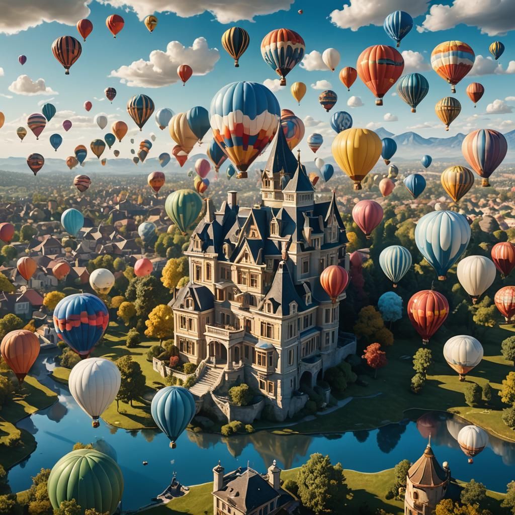Floating Mansion with Hot Air Balloons