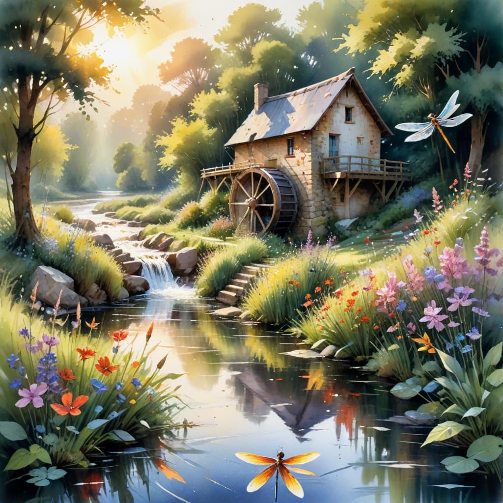 Vibrant Summer Watercolor: Watermill and Dragonflies