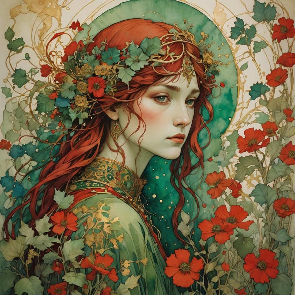 Abstract Art in Red, Green, and Gold Colors