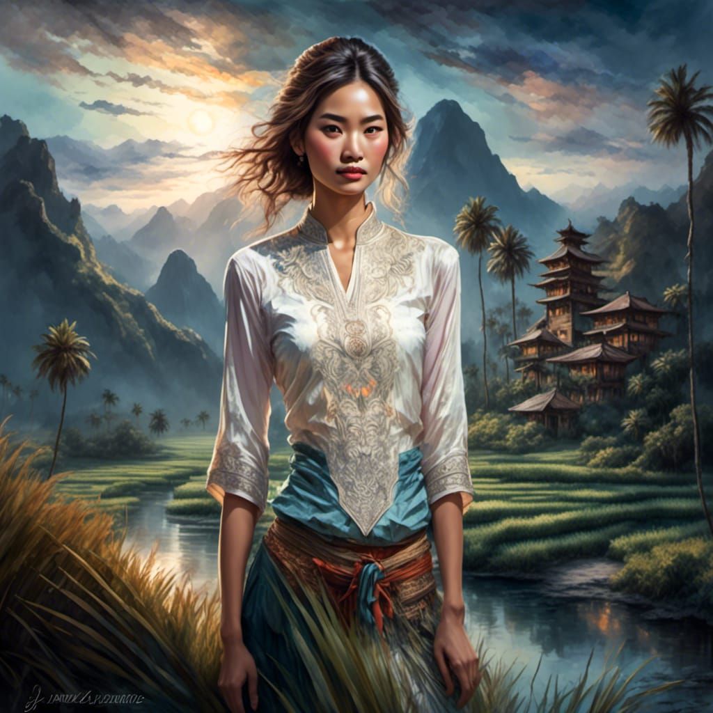 Beautiful Chinees Woman in a Rice Field