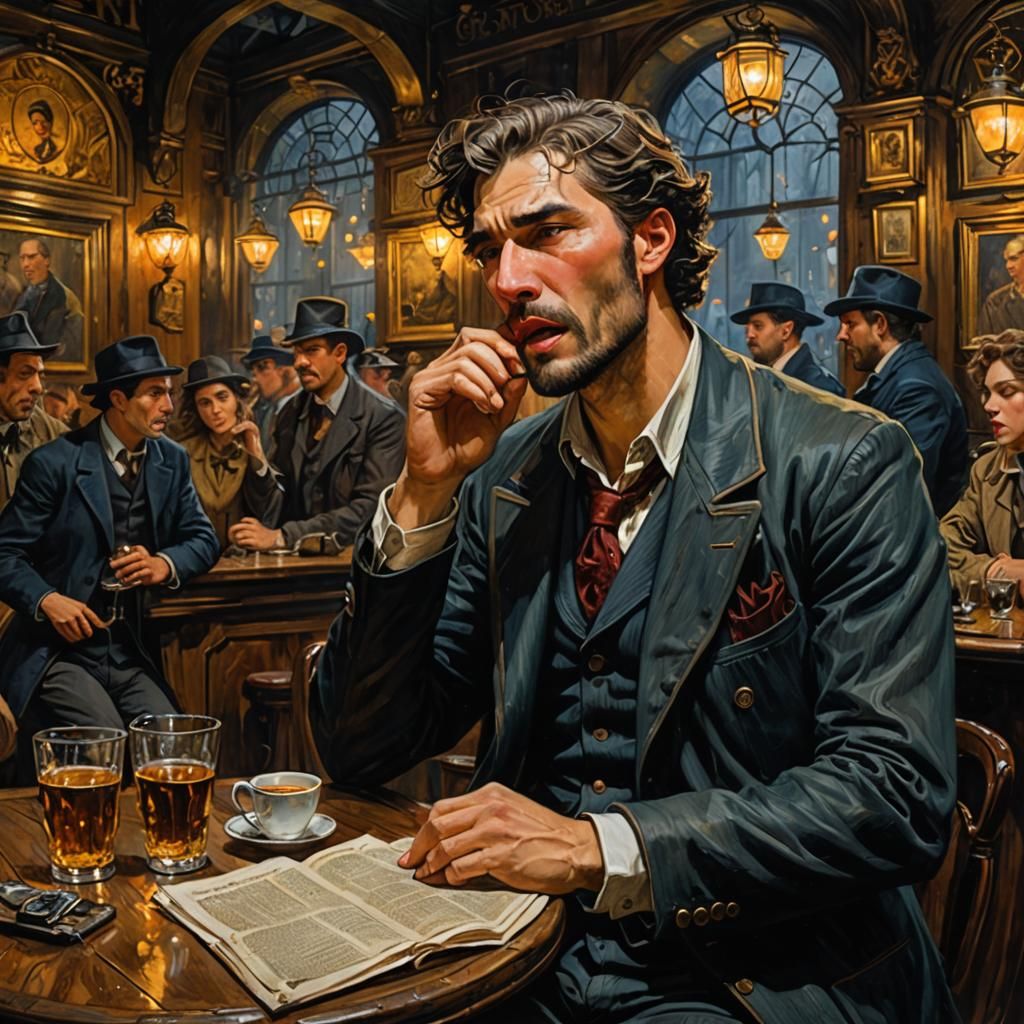 Yawning Detective, Oil Painting, Deep Saturation 🧐🤔 Midnight Saloon Rebecca Guay, Bastien Lecouffe-Deharme