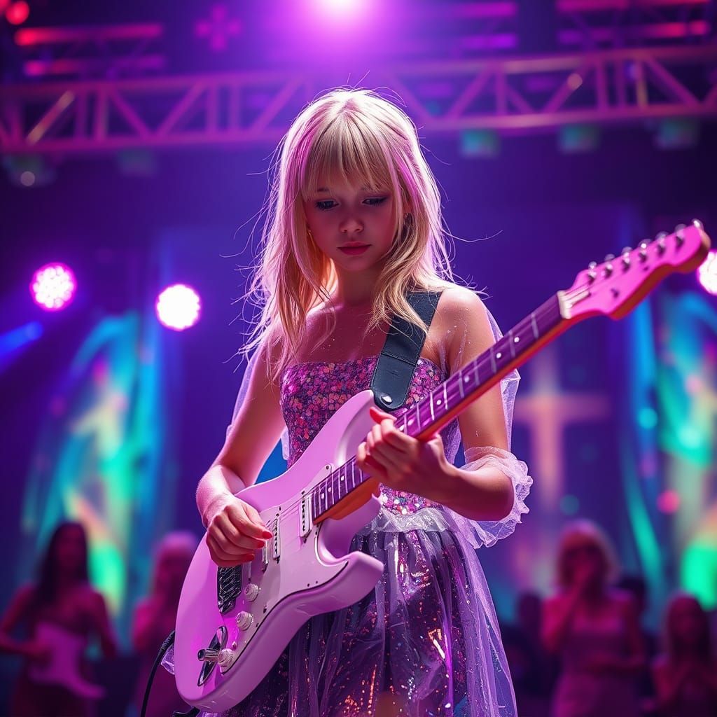 Girl Plays Electric Guitar on Stage in Detailed Matte Painti...