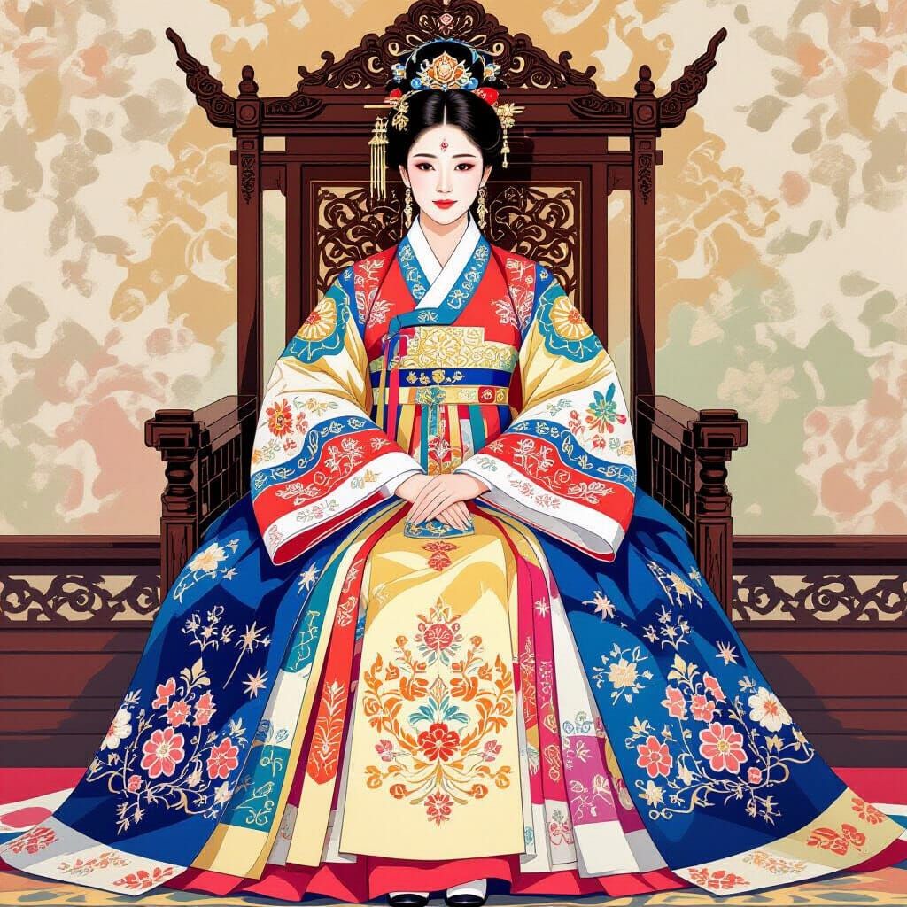 Korean Queen in Hanbok Dress on Throne
