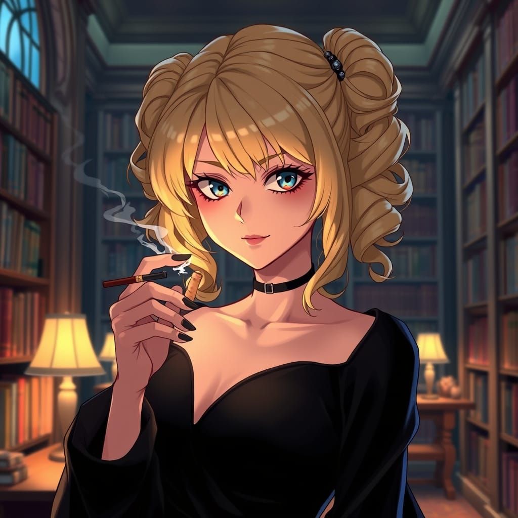 Anime Woman with Pigtails Lighting Cigarette