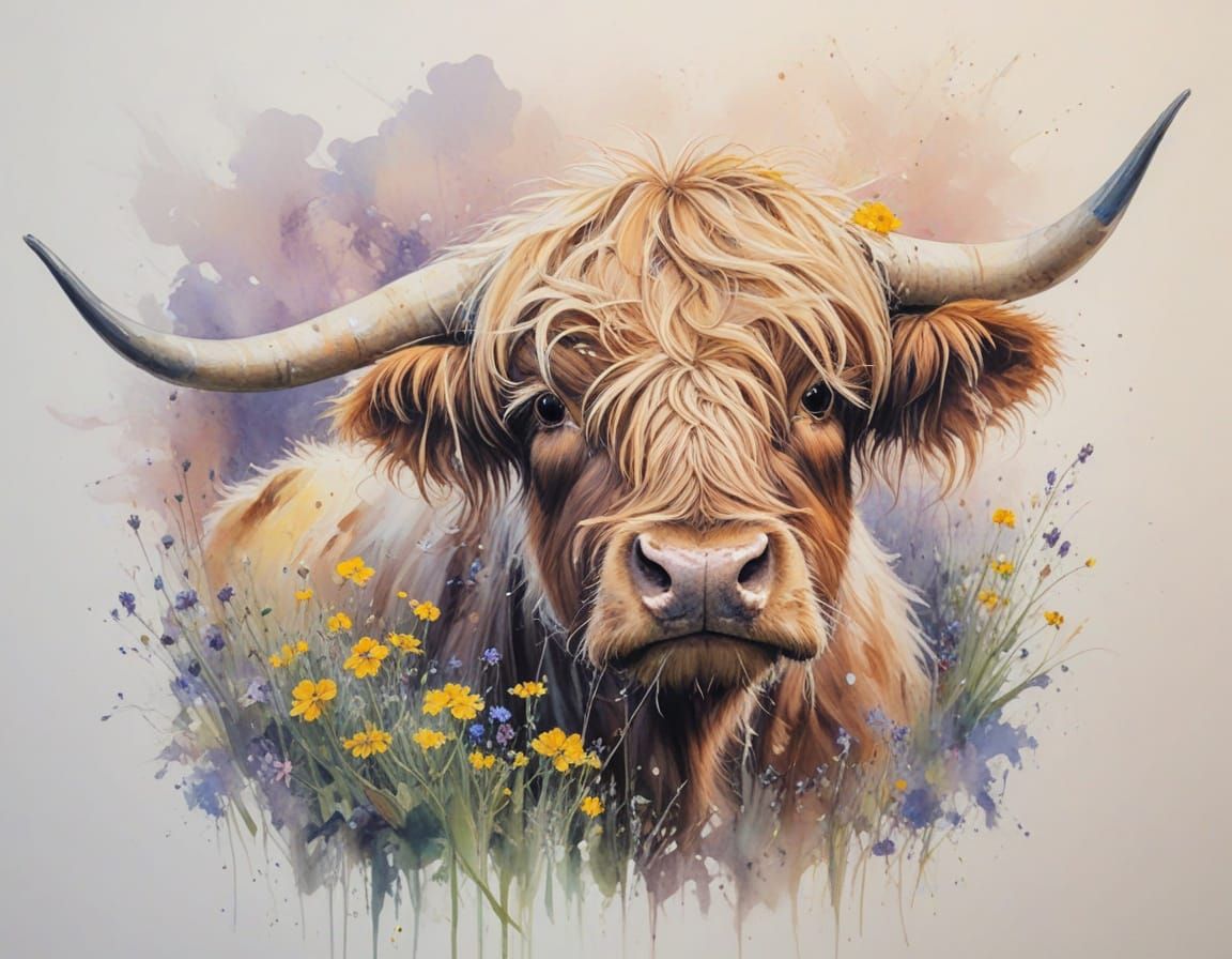 Highland Cow in Wildflower Meadow with Warm Impressionist St...