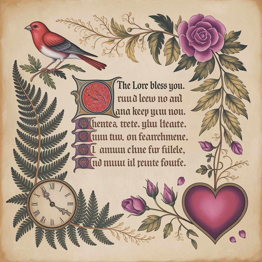 Illuminated Manuscript Border Design with Bird and Vines