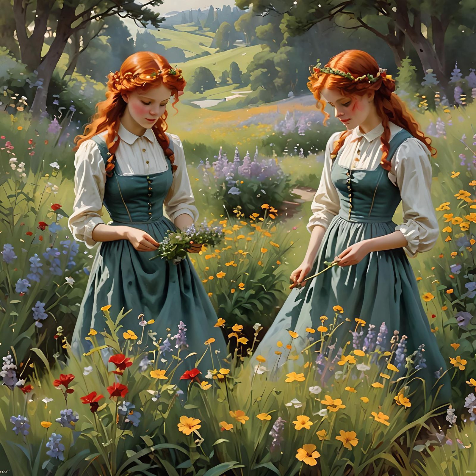 Redhead Twins Picking Wildflowers: Artistic Illustration