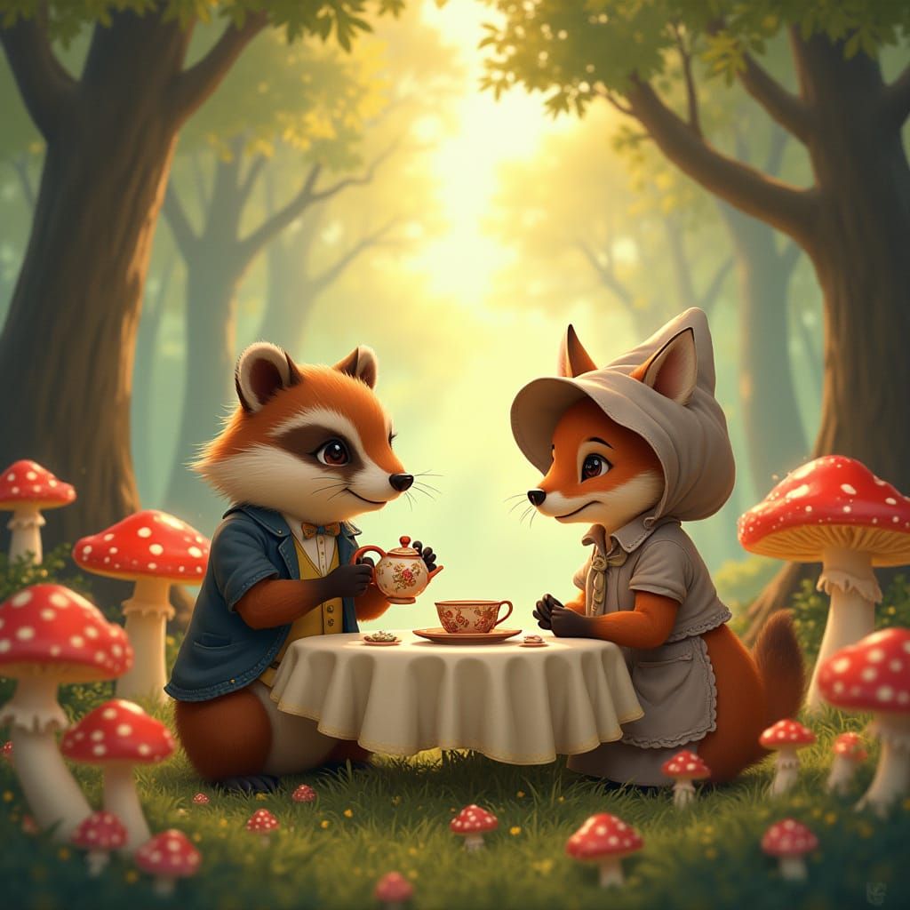 Woodland Creatures Tea Party Amidst Giant Mushrooms